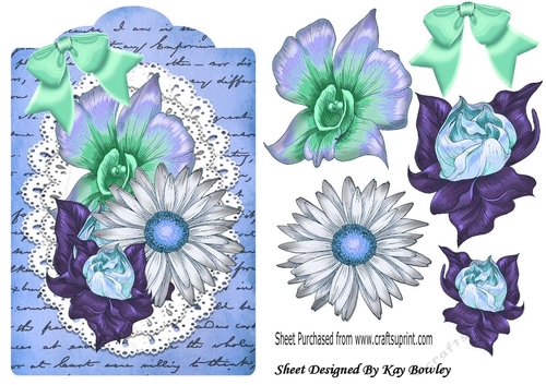 pretty painted blue flowers on lace on a script tag