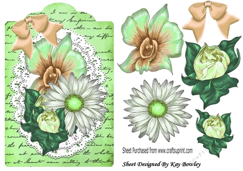 pretty painted green/peach flowers on lace on a script tag