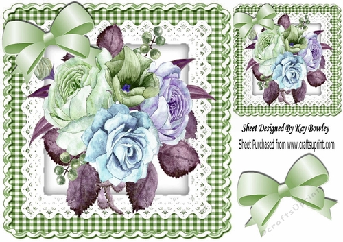 Green Gingham and Lace with painted flowers and bow