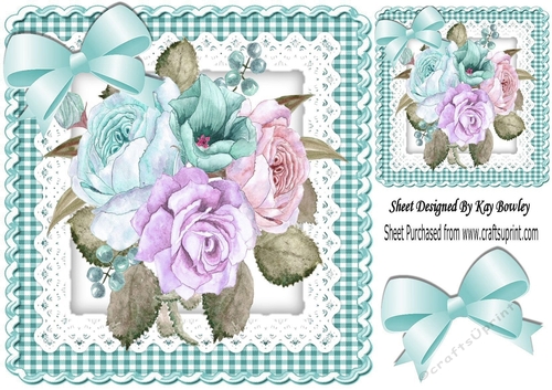 Turq Gingham and Lace with painted flowers and bow