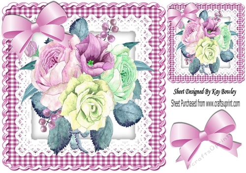 Pink Gingham and Lace with painted flowers and bow