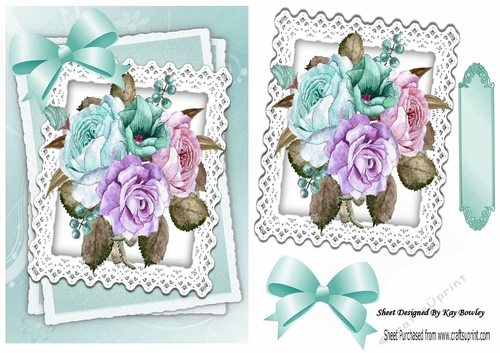  Turq Lace stacker frame with painted flowers and bow, A4