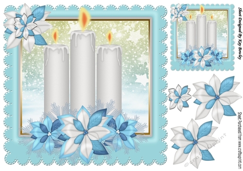Pretty candles in turq snow frame with snowflakes 8x8