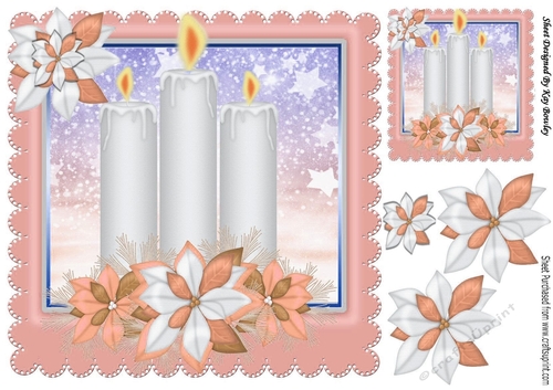 Pretty candles in peach snow frame with snowflakes 8x8