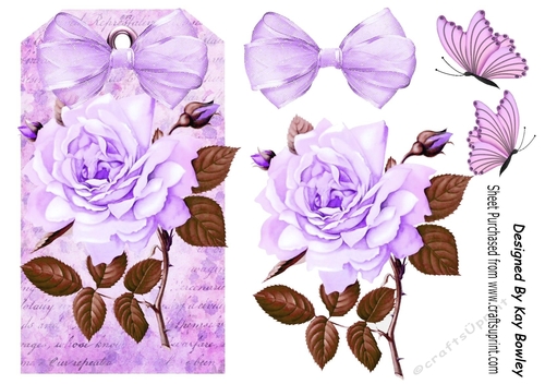 purple roses with organza bow on a tag