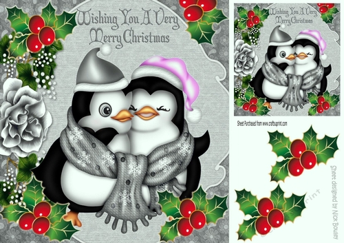 Wishing you a very merry christmas cute penguins  in silver with holly 8x8