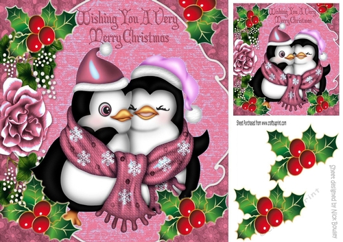 Wishing you a very merry christmas cute penguins  in Rose with holly 8x8