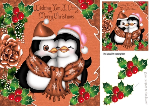 Wishing you a very merry christmas cute penguins  in orange with holly 8x8