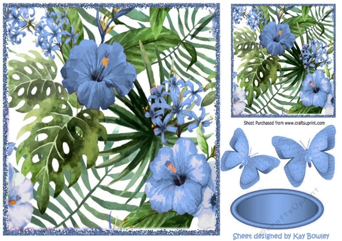 Pretty garden flowers in blue, with paper butterflies