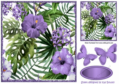 Pretty garden flowers in lilac, with paper butterflies