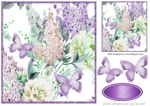 pretty lilac summer flowers with paper butterflies in sparkle frame