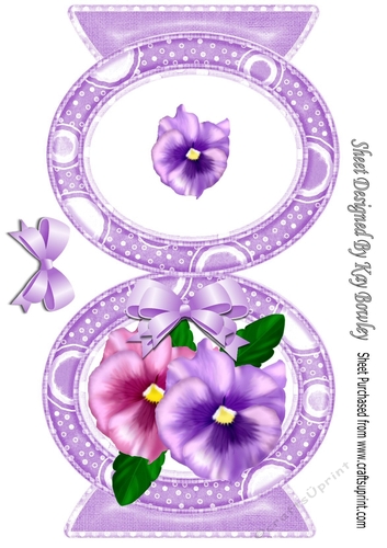 Pretty A5 Oval free standing card of pink/lilac pansies 
