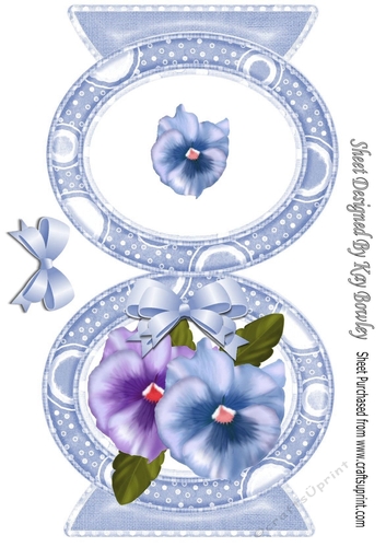 Pretty A5 Oval free standing card of blue/purple pansies