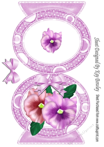 Pretty A5 Oval free standing card of pink/rose pansies