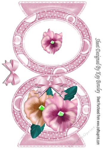 Pretty A5 Oval free standing card of peach/pink pansies