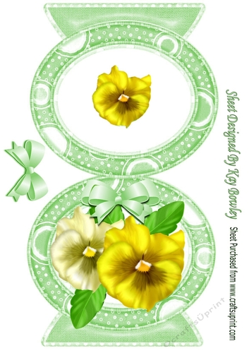 Pretty A5 Oval free standing card of yellow/cream pansies