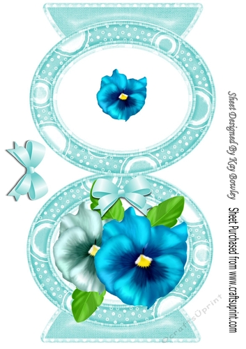 Pretty A5 Oval free standing card of turq/blue pansies