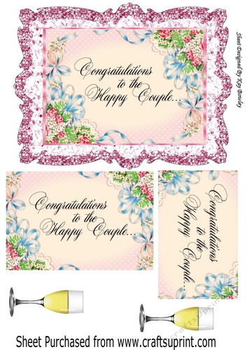 Pretty wedding card with flowers and champagne pyramids
