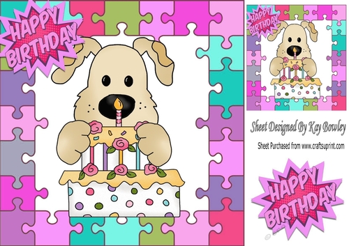 Peek a boo puppy with cake  in jigsaw frame 8x8