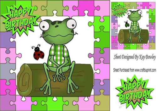 Green little frog sitting on a log in jigsaw frame 8x8