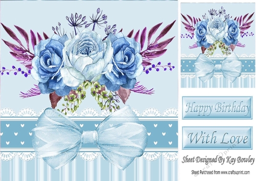 Pretty blue painted roses with organza bow in ornate frame 8x8