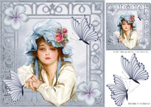 Pretty vintage lady with butterflies 8x8