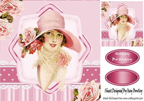 Elegance! Vintage lady in big hat with roses 8x8