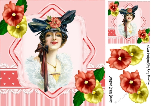 Elegant lady in hat with fur stole and pansies 8x8