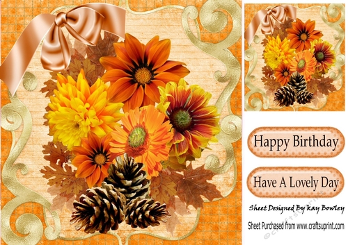 Summer/Autumn Flowers with bow in ornate frame 8x8