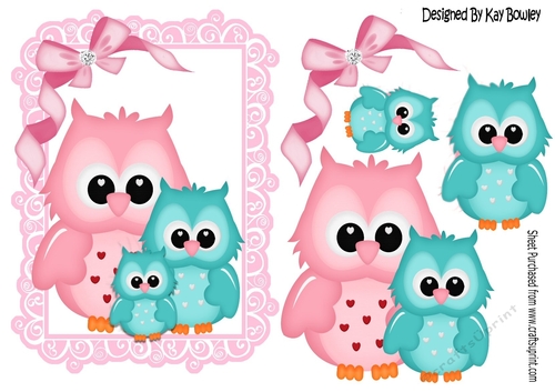 Cute owls in ornate frame with sparkle bow