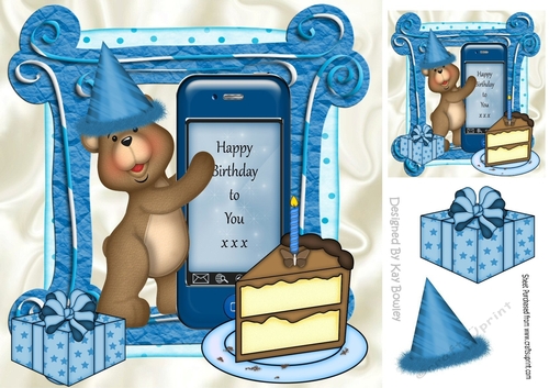 Birthday teddy with hat, cake and present in blue 8x8