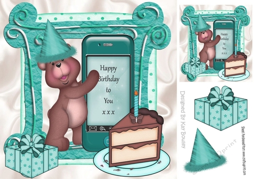 Birthday teddy with hat, cake and present in turq 8x8