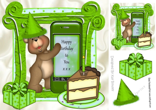 Birthday teddy with hat, cake and present in green 8x8