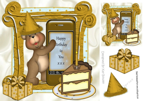 Birthday teddy with hat, cake and present in gold 8x8