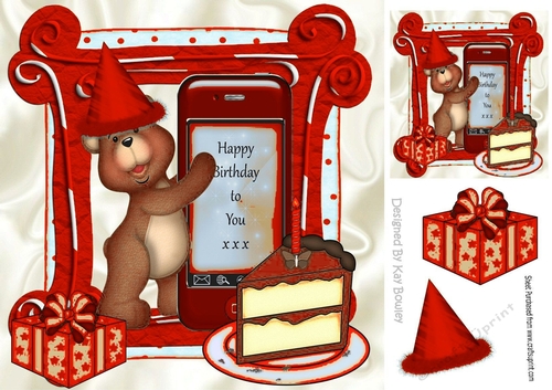 Birthday teddy with hat, cake and present in red 8x8
