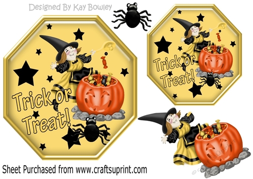 Trick or treat witch with cauldron on hexagon topper