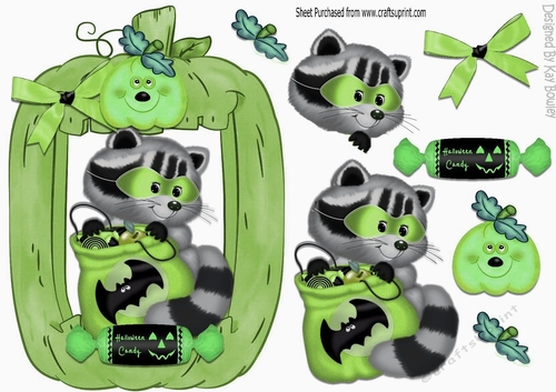 Cute Halloween Raccoon with pumpkins and sweets in green