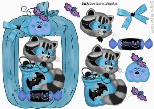 Cute Halloween Raccoon with pumpkins and sweets in blue