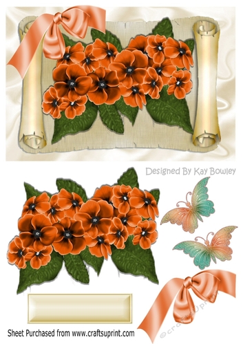 Pretty orange flowers on a scroll with butterflies & bow