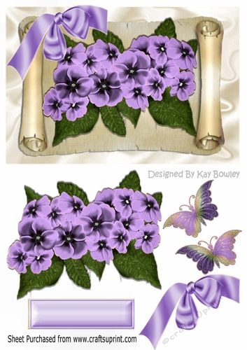 Pretty purple flowers on a scroll with butterflies & bow