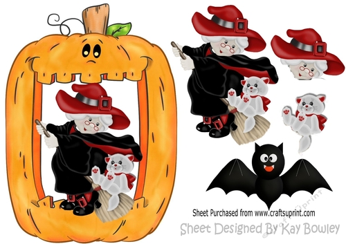Witch on broomstick with cat in pumpkin frame