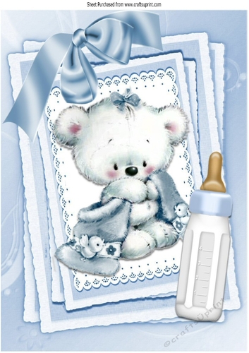 Cute little white bear with blue bow and  bottle on stacker and lace A4