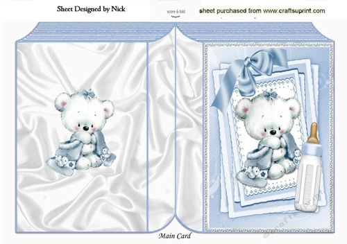 Cute little white bear with blue bow and  bottle on stacker and lace folded book