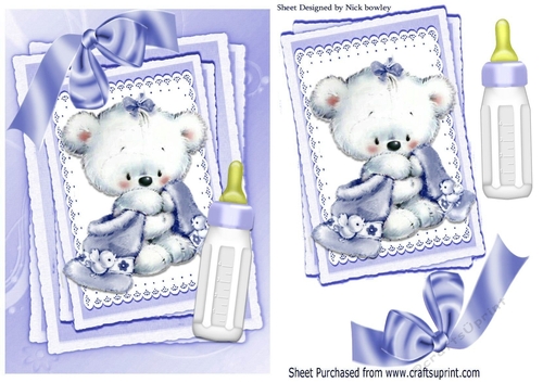 Cute little white bear with lilac bow and  bottle on stacker and lace