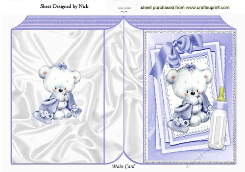 Cute little white bear with lilac bow and  bottle on stacker and lace folded book