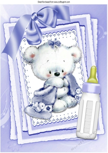 Cute little white bear with lilac bow and  bottle on stacker and lace A4