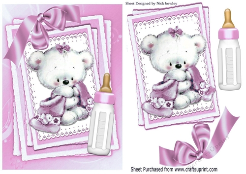 Cute little white bear with pink bow and  bottle on stacker and lace