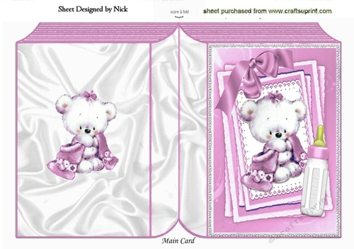 Cute little white bear with pink bow and  bottle on stacker and lace folded book