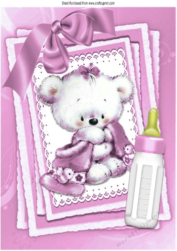 Cute little white bear with pink bow and  bottle on stacker and lace A4