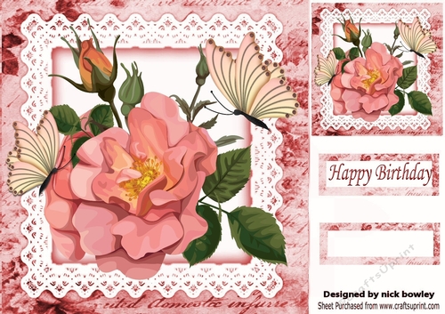 pretty pink flowers on lace with butterflies 8x8